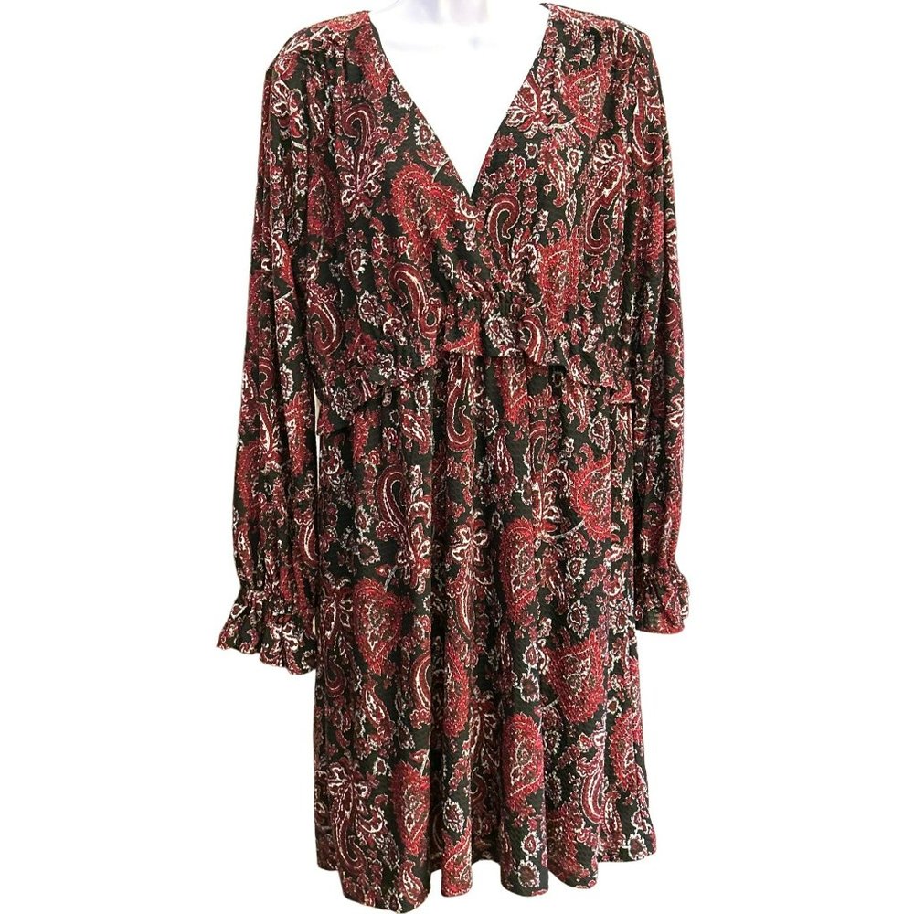 Michael Kors Women's Red Black Paisley Dress Size Large Long Sleeve Bohemian
